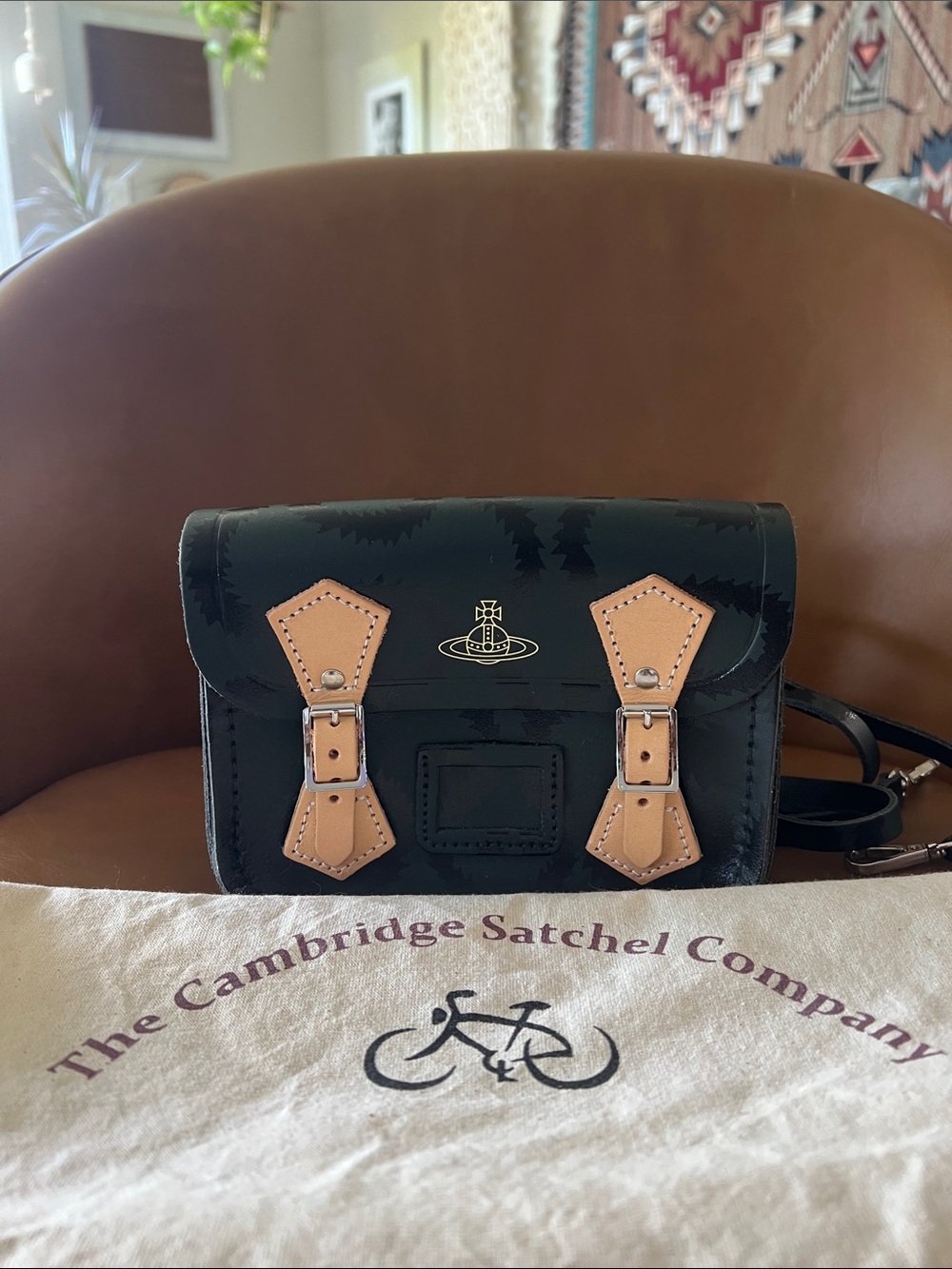 Vivienne Westwood Tiny Black Satchel with Tan Buckle Accents